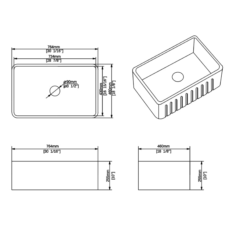 [US Warehouse] Rectangular Ceramic Kitchen Vessel Sink Farmhouse Bathroom Sink with Grooves, Size: 76.4 x 46 x 25.5cm