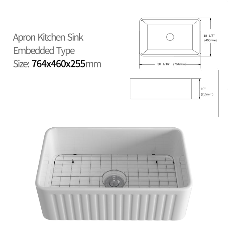 [US Warehouse] Rectangular Ceramic Kitchen Vessel Sink Farmhouse Bathroom Sink with Grooves, Size: 76.4 x 46 x 25.5cm