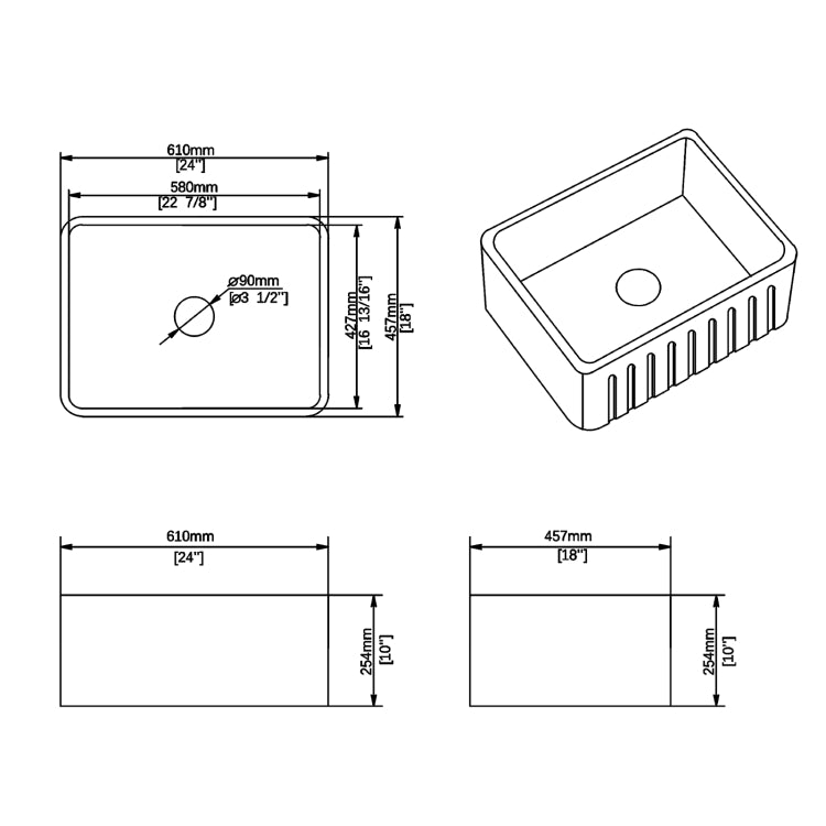 [US Warehouse] Rectangular Ceramic Kitchen Vessel Sink Farmhouse Bathroom Sink with Grooves, Size: 61 x 45.7 x 25.4cm