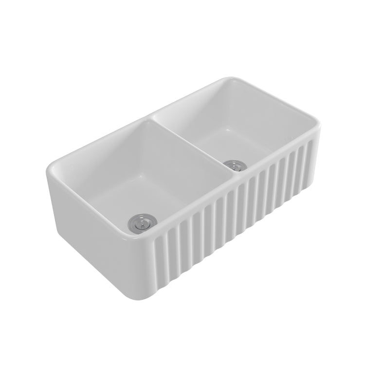 [US Warehouse] Rectangular Ceramic Kitchen Double Basin Vessel Sink Farmhouse Bathroom Sink with Grooves, Size: 84.5 x 46 x 25.5cm