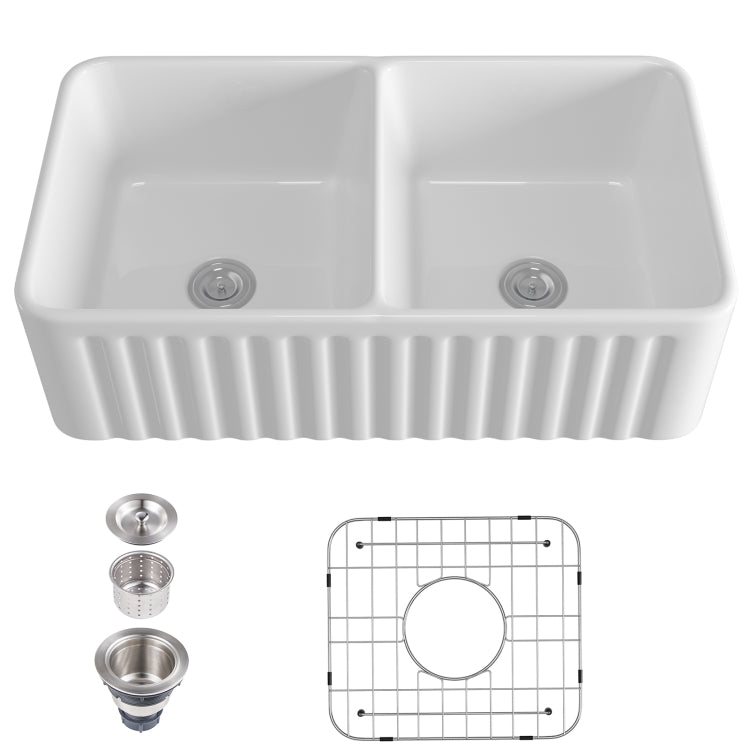 [US Warehouse] Rectangular Ceramic Kitchen Double Basin Vessel Sink Farmhouse Bathroom Sink with Grooves, Size: 84.5 x 46 x 25.5cm