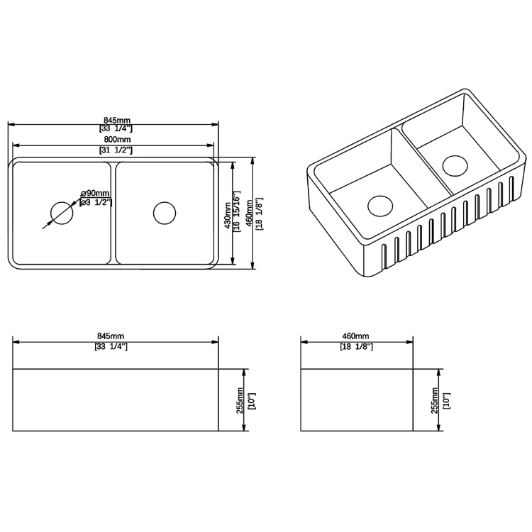 [US Warehouse] Rectangular Ceramic Kitchen Double Basin Vessel Sink Farmhouse Bathroom Sink with Grooves, Size: 84.5 x 46 x 25.5cm