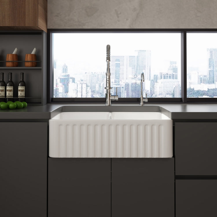 [US Warehouse] Rectangular Ceramic Kitchen Double Basin Vessel Sink Farmhouse Bathroom Sink with Grooves, Size: 84.5 x 46 x 25.5cm