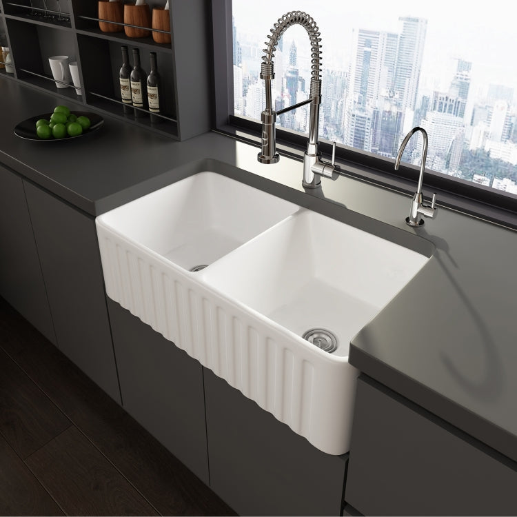 [US Warehouse] Rectangular Ceramic Kitchen Double Basin Vessel Sink Farmhouse Bathroom Sink with Grooves, Size: 84.5 x 46 x 25.5cm