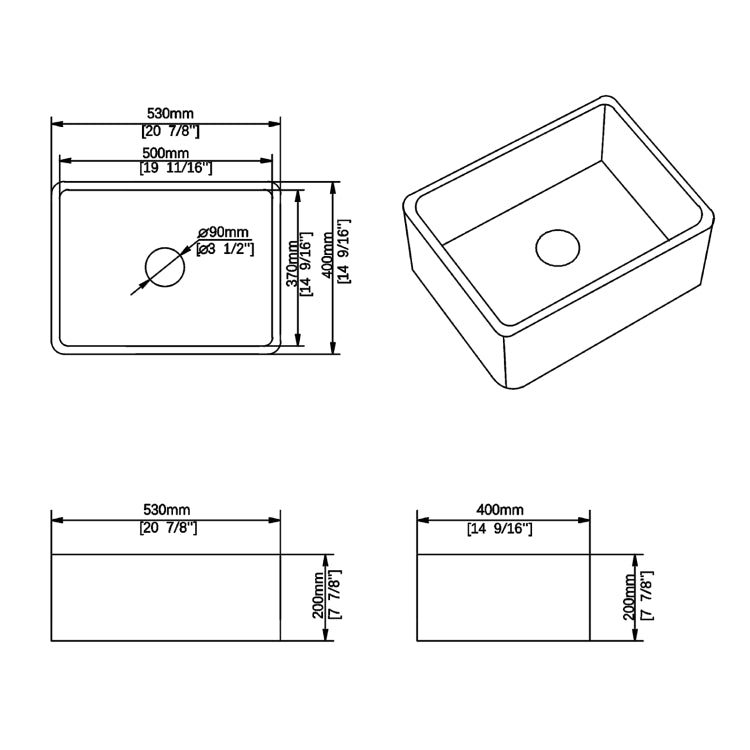 [US Warehouse] Rectangular Ceramic Kitchen Vessel Sink Farmhouse Bathroom Sink, Size: 53 x 40 x 20cm