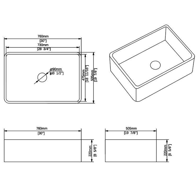 [US Warehouse] Rectangular Ceramic Kitchen Vessel Sink Farmhouse Bathroom Sink, Size: 76 x 50.5 x 22cm