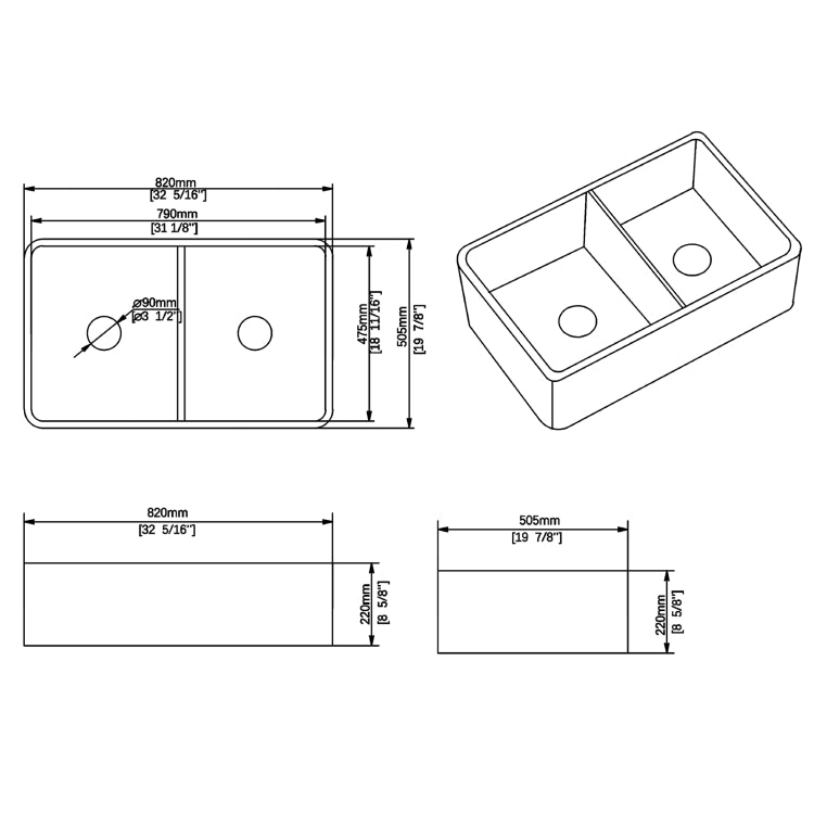 [US Warehouse] Rectangular Ceramic Kitchen Double Bowl Vessel Sink Farmhouse Bathroom Sink, Size: 82 x 50.5 x 22cm