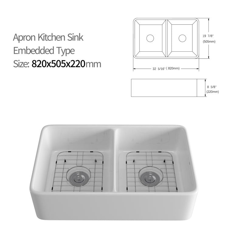 [US Warehouse] Rectangular Ceramic Kitchen Double Bowl Vessel Sink Farmhouse Bathroom Sink, Size: 82 x 50.5 x 22cm