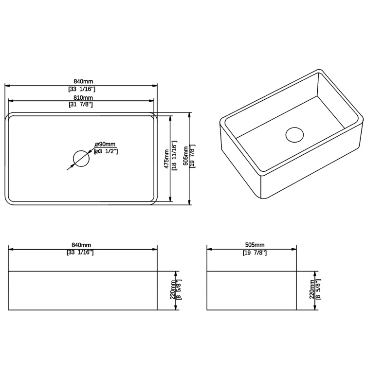 [US Warehouse] Rectangular Ceramic Kitchen Vessel Sink Farmhouse Bathroom Sink, Size: 84 x 50.5 x 22cm