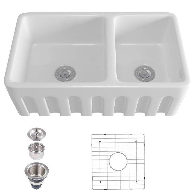 [US Warehouse] Rectangular Ceramic Kitchen Double Basin Vessel Sink Farmhouse Bathroom Sink, Size: 83.2 x 50.2 x 25.4cm