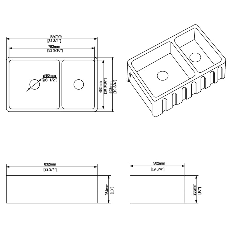 [US Warehouse] Rectangular Ceramic Kitchen Double Basin Vessel Sink Farmhouse Bathroom Sink, Size: 83.2 x 50.2 x 25.4cm