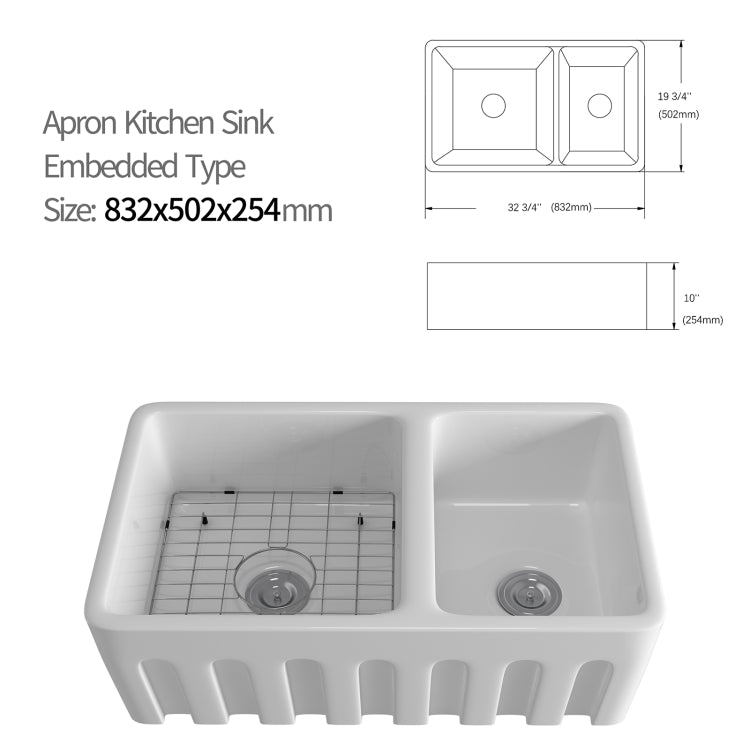 [US Warehouse] Rectangular Ceramic Kitchen Double Basin Vessel Sink Farmhouse Bathroom Sink, Size: 83.2 x 50.2 x 25.4cm