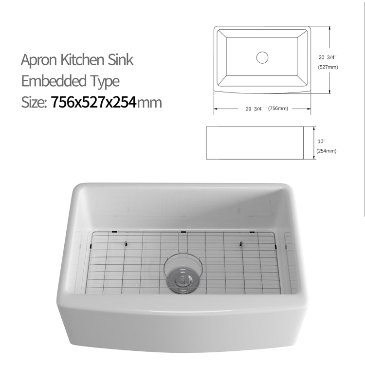 [US Warehouse] Rectangular Ceramic Kitchen Vessel Sink Farmhouse Bathroom Sink, Size: 75.6 x 52.7 x 25.4cm