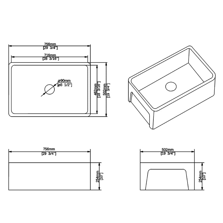 [US Warehouse] Rectangular Ceramic Kitchen Vessel Sink Farmhouse Bathroom Sink, Size: 75.6 x 50.2 x 25.4cm