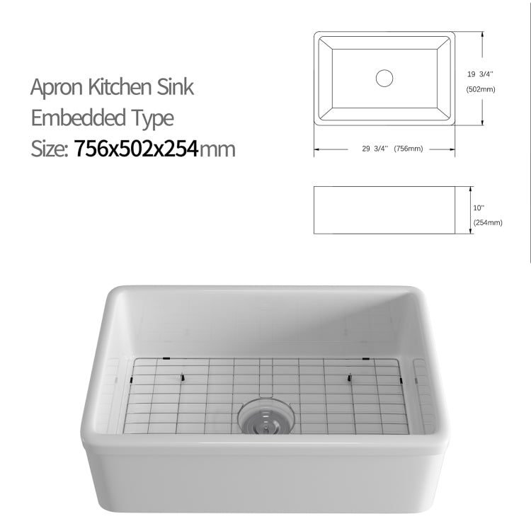 [US Warehouse] Rectangular Ceramic Kitchen Vessel Sink Farmhouse Bathroom Sink, Size: 75.6 x 50.2 x 25.4cm