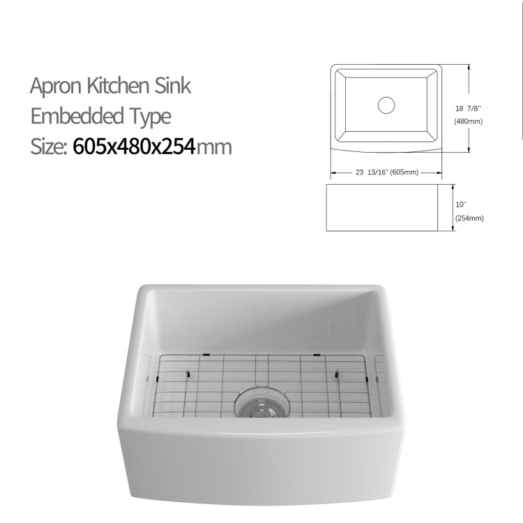 [US Warehouse] Rectangular Ceramic Kitchen Farmhouse Vessel Sink Bathroom Sink, Size: 60.5 x 48 x 25.4cm