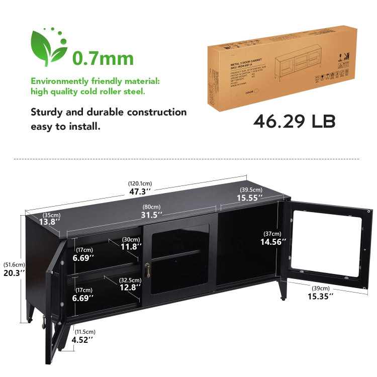 [US Warehouse] Home Living Room Bedroom Metal TV Cabinet with1 Shelf 3 Door, Size: 47.3x13.8x20.3 inch