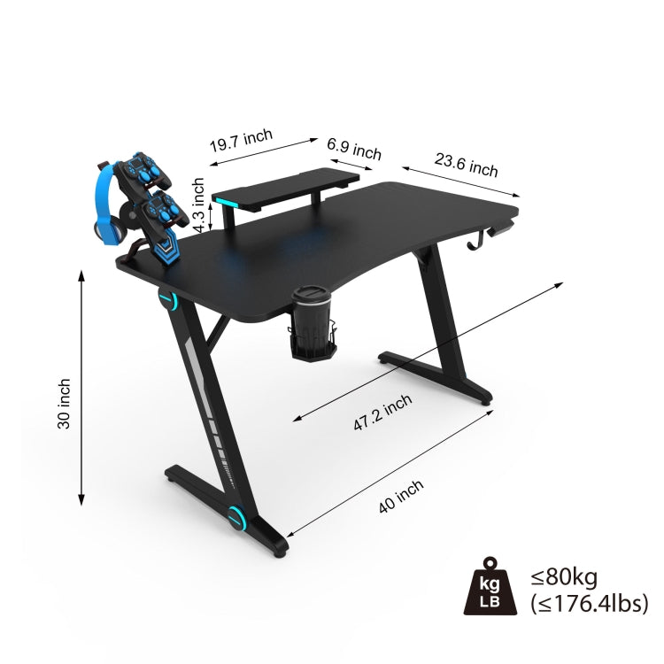 [US Warehouse] Z-shaped Game Table with Monitor Stand & RGB Light&cup Holder & Headphone Hook & Plug Board Holder, Size: 47.24x23.62x30 inch