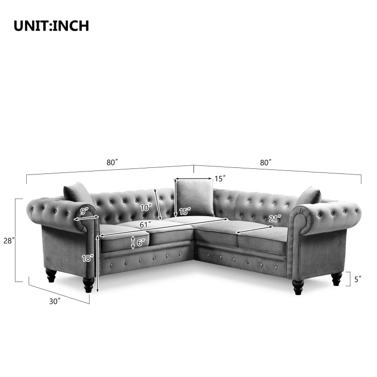 [US Warehouse] Household Classic Rolled Arm Velvet Sectional Corner Sofa
