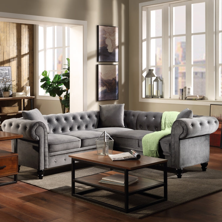 [US Warehouse] Household Classic Rolled Arm Velvet Sectional Corner Sofa