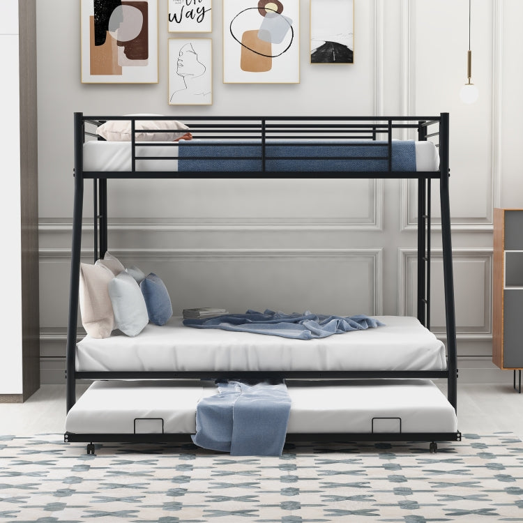 [US Warehouse] Household Twin Over Full Sturdy Steel Frame Bunk Bed with Ladder & Trundle