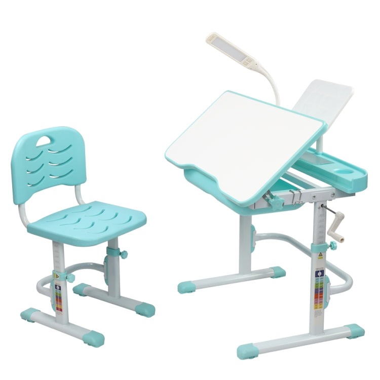 [US Warehouse] 80cm Hand-cranked Lifting Top Can Tilt Children Learning Table And Chairs with Reading Stand & USB Interface Desk Lamp