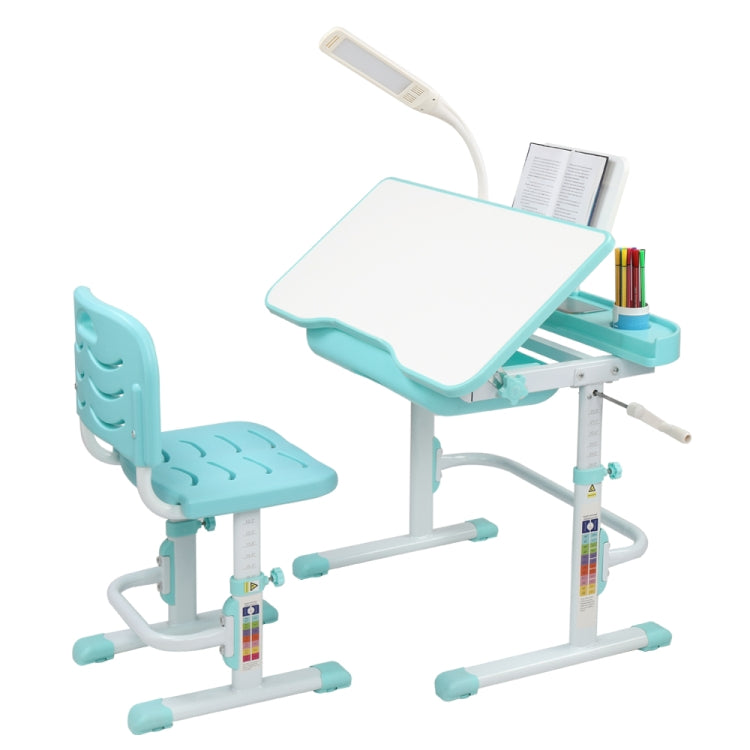 [US Warehouse] 80cm Hand-cranked Lifting Top Can Tilt Children Learning Table And Chairs with Reading Stand & USB Interface Desk Lamp
