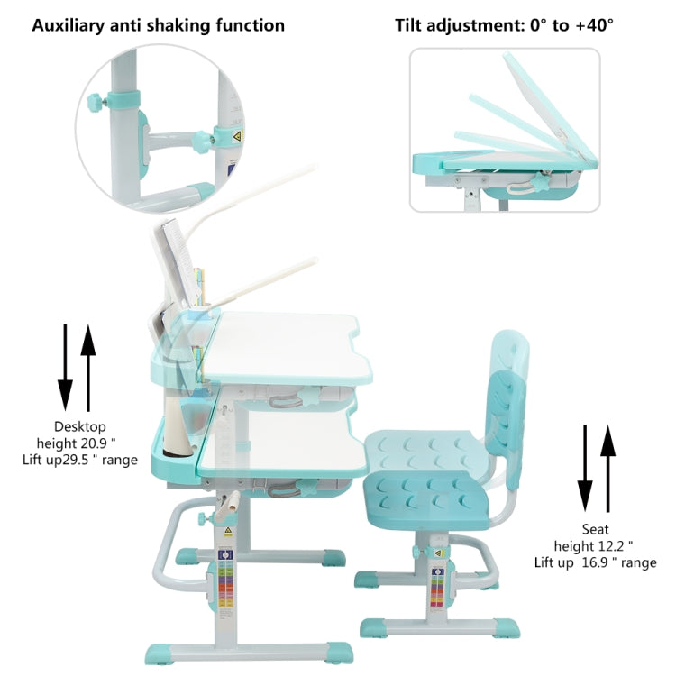 [US Warehouse] 80cm Hand-cranked Lifting Top Can Tilt Children Learning Table And Chairs with Reading Stand & USB Interface Desk Lamp