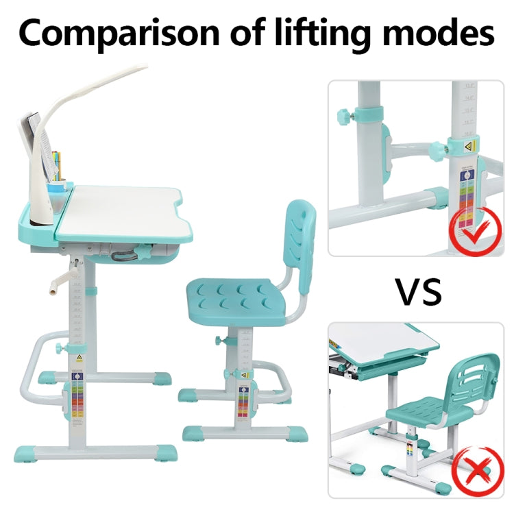 [US Warehouse] 80cm Hand-cranked Lifting Top Can Tilt Children Learning Table And Chairs with Reading Stand & USB Interface Desk Lamp