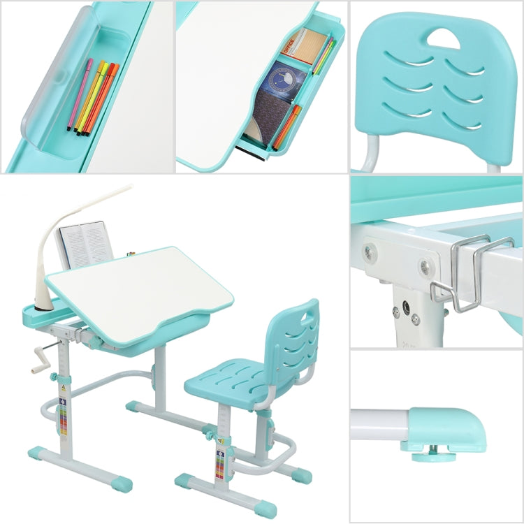 [US Warehouse] 80cm Hand-cranked Lifting Top Can Tilt Children Learning Table And Chairs with Reading Stand & USB Interface Desk Lamp