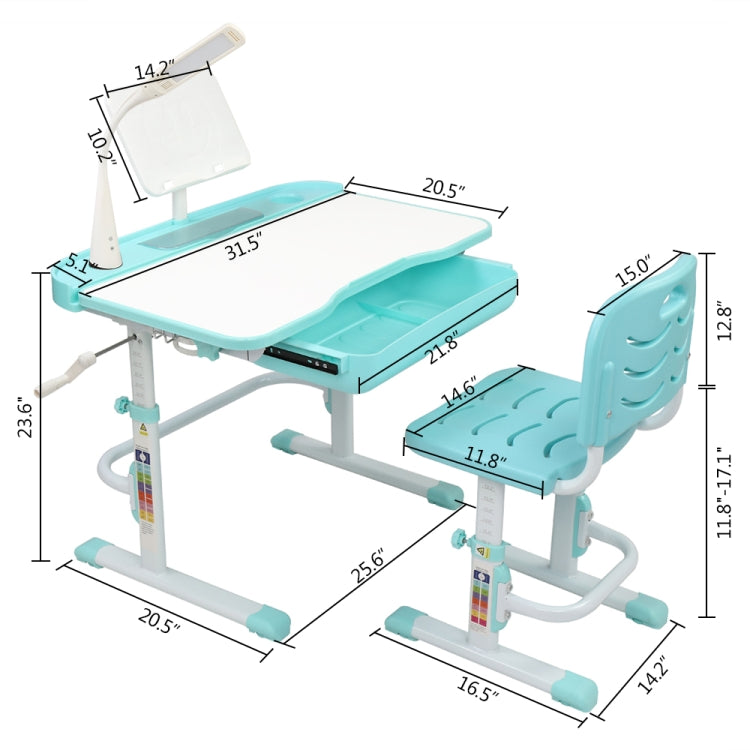 [US Warehouse] 80cm Hand-cranked Lifting Top Can Tilt Children Learning Table And Chairs with Reading Stand & USB Interface Desk Lamp