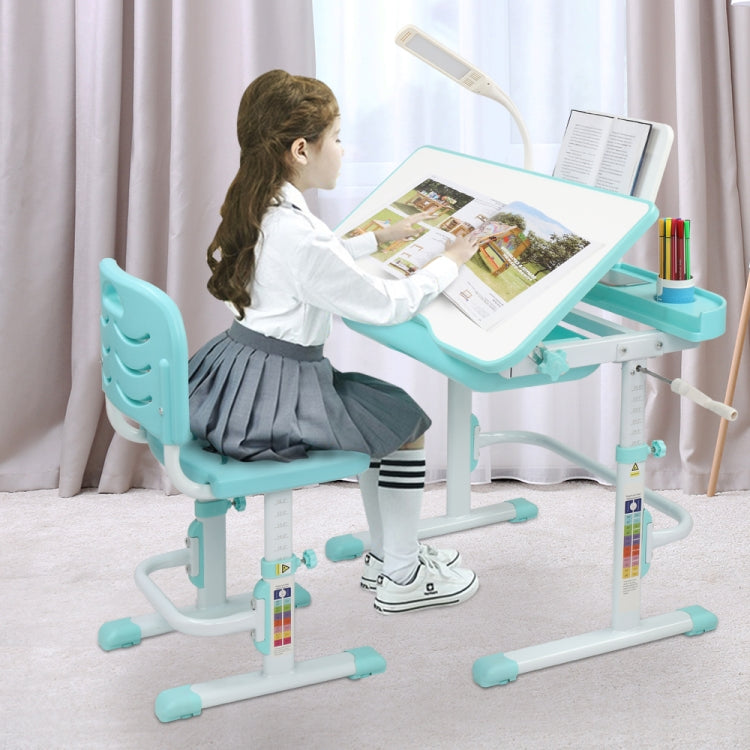 [US Warehouse] 80cm Hand-cranked Lifting Top Can Tilt Children Learning Table And Chairs with Reading Stand & USB Interface Desk Lamp
