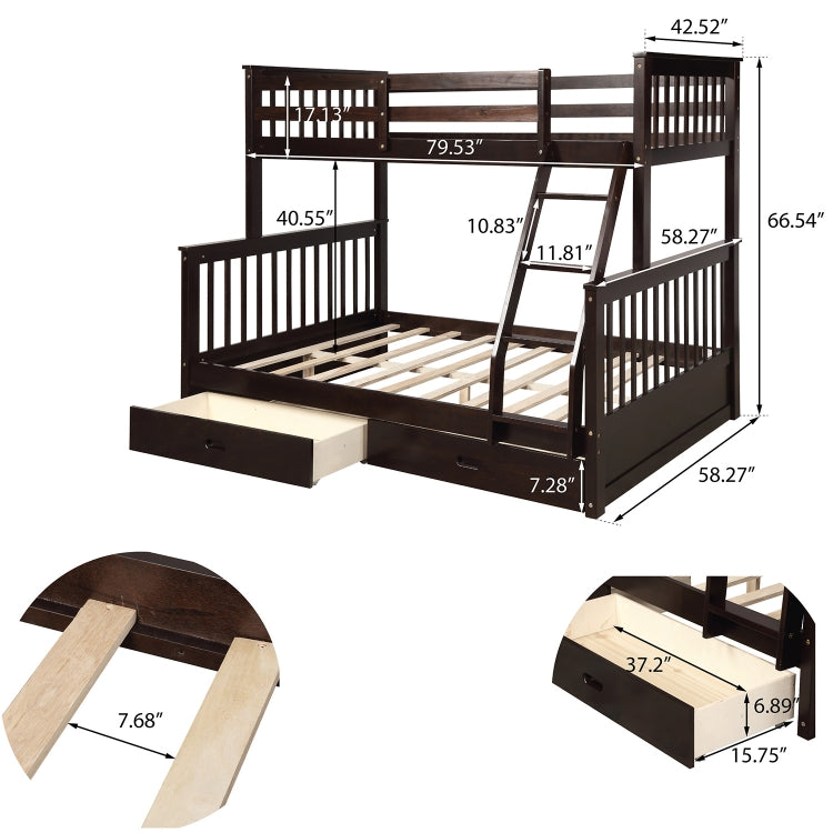 [US Warehouse] Twin-Over-Full Bunk Bed with Ladders and Two Storage Drawers