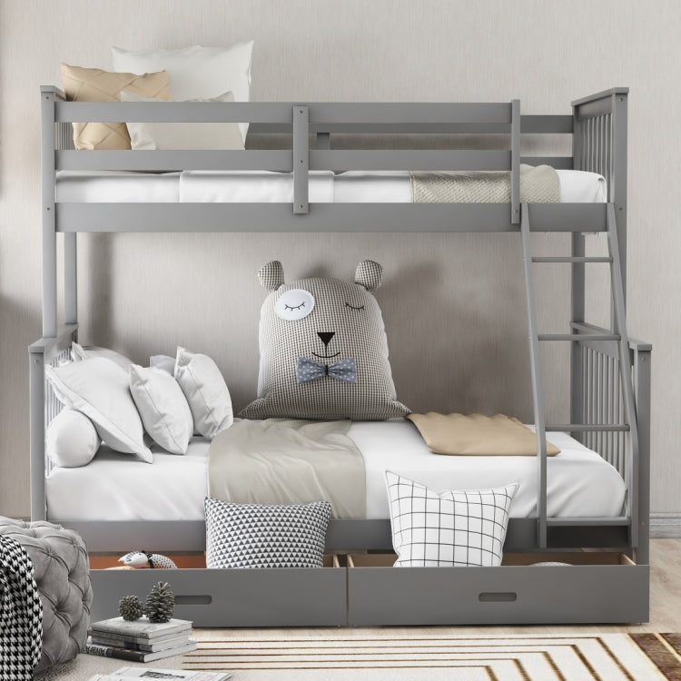 [US Warehouse] Twin-Over-Full Bunk Bed with Ladders and Two Storage Drawers