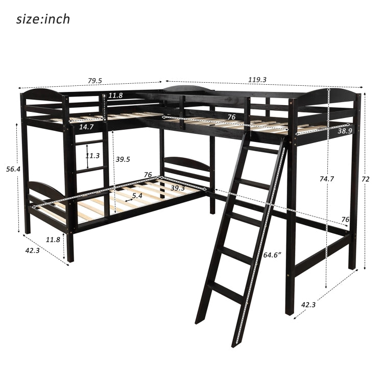 [US Warehouse] L-shaped Bunk Beds Snd Loft Beds, Size: 119x80x75 inch(Coffee)
