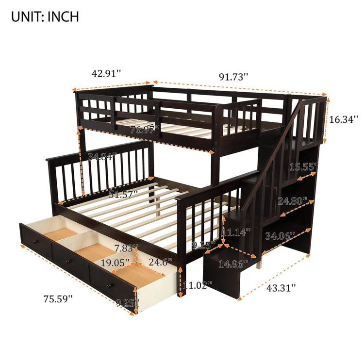 [US Warehouse] Stair Bunk Bed with Drawers & Storage & Guardrails, Size: 91.73x51.57x61.4 inch