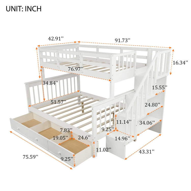 [US Warehouse] Stair Bunk Bed with Drawers & Storage & Guardrails, Size: 91.73x51.57x61.4 inch