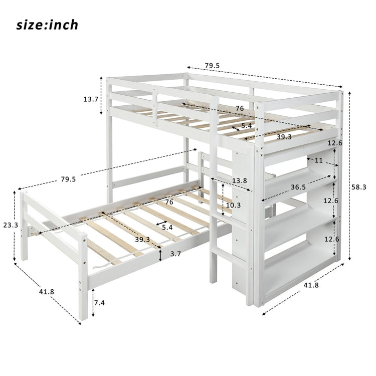 [US Warehouse] Twin Over Twin Bed with Shelves, Size: 79.5x79.5x58.3 inch