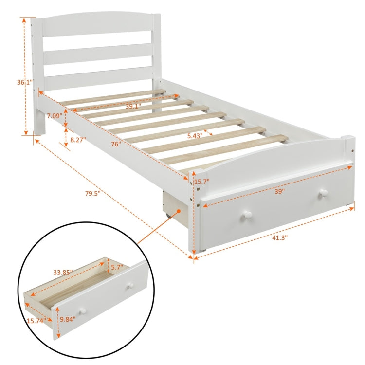 [US Warehouse] Platform Twin Bed Frame with Storage Drawers & Wooden Slats, Size: 79.5x41.3x36.1 inch(White)