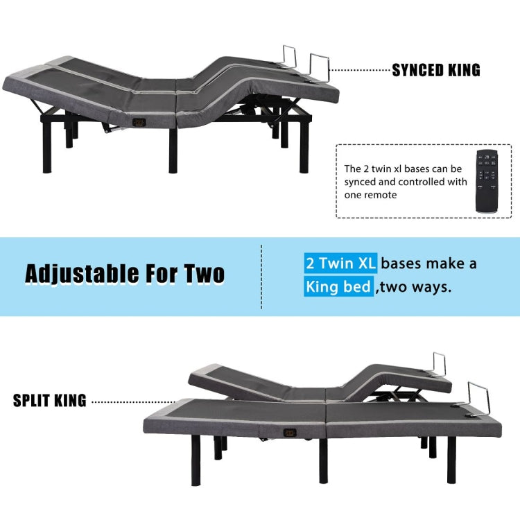 [US Warehouse] 2 PCS Adjustable Ergonomic Double Bed, with Vibration Massage Function & 1A / 2A USB Port & Wireless Remote Control & LED Night Light