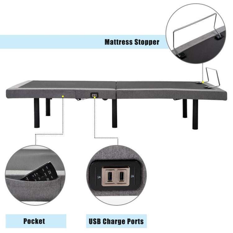 [US Warehouse] 2 PCS Adjustable Ergonomic Double Bed, with Vibration Massage Function & 1A / 2A USB Port & Wireless Remote Control & LED Night Light