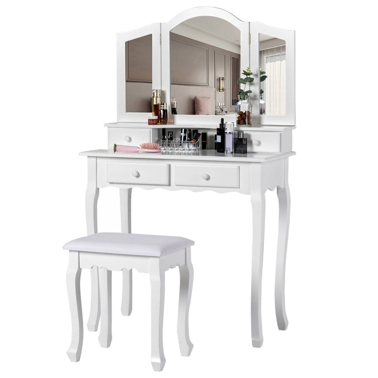 [EU Warehouse] White Cosmetic Dressing Table with Stool & 3 Folding Mirrors & 4 Drawers, Size: 80x40x134.5cm