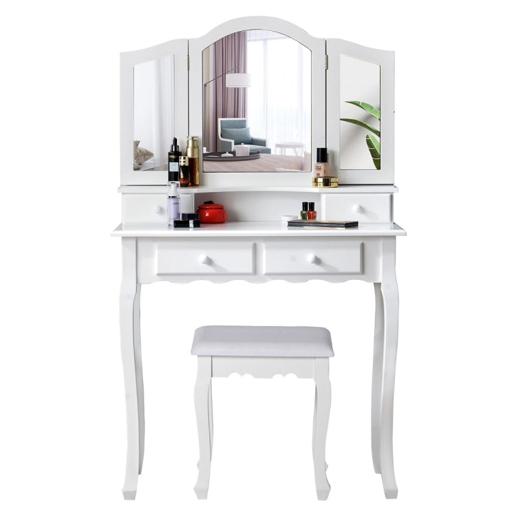 [EU Warehouse] White Cosmetic Dressing Table with Stool & 3 Folding Mirrors & 4 Drawers, Size: 80x40x134.5cm