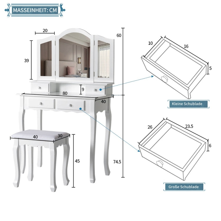 [EU Warehouse] White Cosmetic Dressing Table with Stool & 3 Folding Mirrors & 4 Drawers, Size: 80x40x134.5cm
