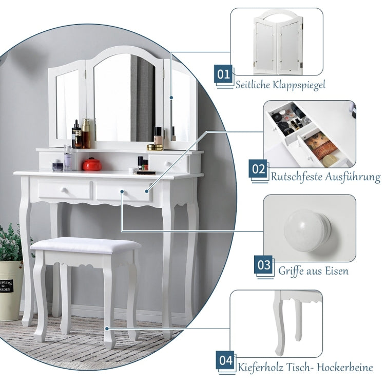 [EU Warehouse] White Cosmetic Dressing Table with Stool & 3 Folding Mirrors & 4 Drawers, Size: 80x40x134.5cm