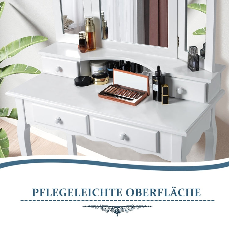 [EU Warehouse] White Cosmetic Dressing Table with Stool & 3 Folding Mirrors & 4 Drawers, Size: 80x40x134.5cm