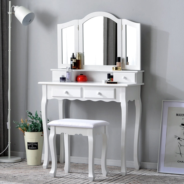 [EU Warehouse] White Cosmetic Dressing Table with Stool & 3 Folding Mirrors & 4 Drawers, Size: 80x40x134.5cm