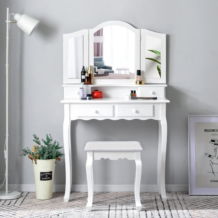 [EU Warehouse] White Cosmetic Dressing Table with Stool & 3 Folding Mirrors & 4 Drawers, Size: 80x40x134.5cm