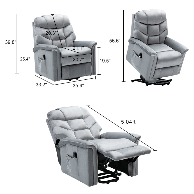 [US Warehouse] Power Velvet Fabric Lift Recliner Chair for Elderly Single Modern Sofa Chair (Grey)