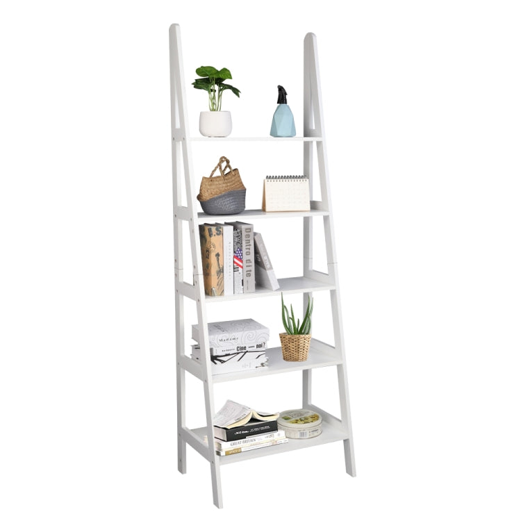 [US Warehouse] Ladder Shelf 5-Tier Multifunctional Modern Wood Plant Flower Book Display Shelf Home Office Storage Rack Size: 182.9x62.9x40.7cm (White)